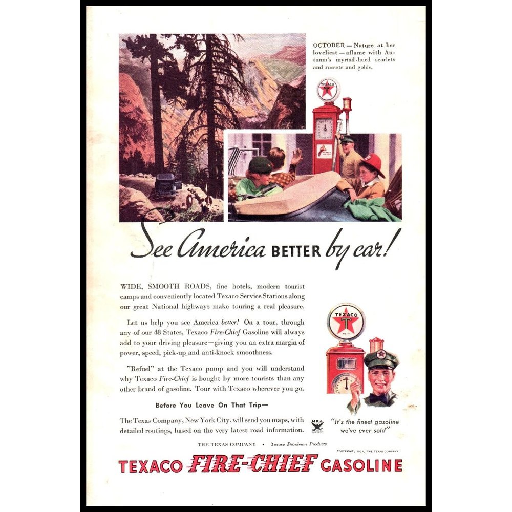 1934 Texaco Fire Chief Gasoline Gas Pump Vintage Print Ad Redwood Forest Photo